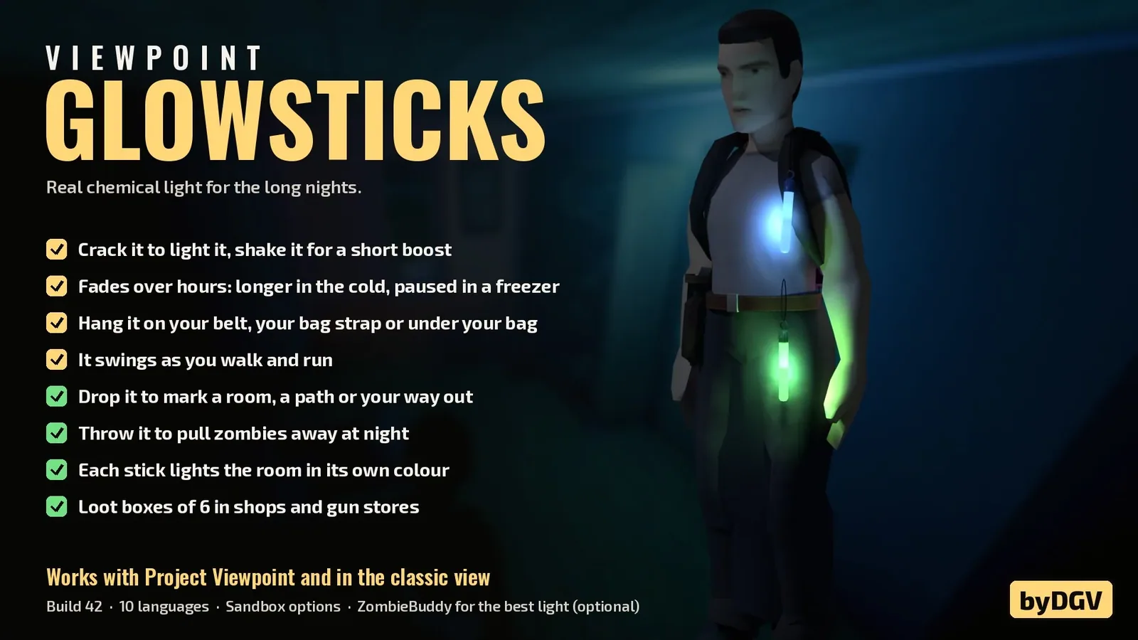 Glowsticks 3D - Химические светящиеся палочки, цветное освещение и приманки для зомби в Project Zomboid