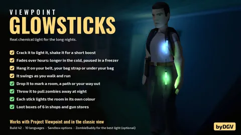 Glowsticks 3D - Химические светящиеся палочки, цветное освещение и приманки для зомби в Project Zomboid