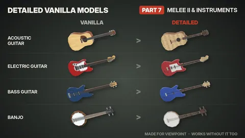 Detailed Vanilla Models - Melee II & Instruments: 63 улучшенные 3D-модели оружия и музыкальных инструментов для Project Zomboid
