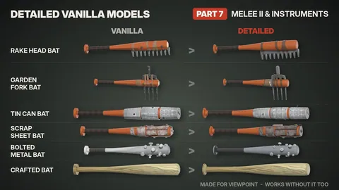 Detailed Vanilla Models - Melee II & Instruments: 63 улучшенные 3D-модели оружия и музыкальных инструментов для Project Zomboid