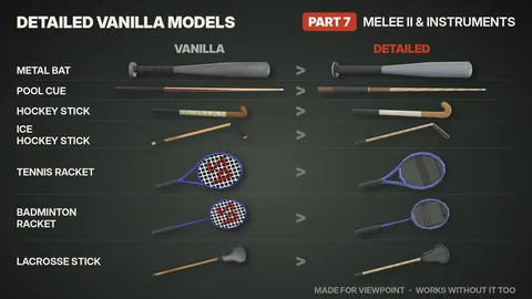 Detailed Vanilla Models - Melee II & Instruments: 63 улучшенные 3D-модели оружия и музыкальных инструментов для Project Zomboid