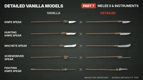 Detailed Vanilla Models - Melee II & Instruments: 63 улучшенные 3D-модели оружия и музыкальных инструментов для Project Zomboid