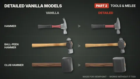 Detailed Vanilla Models - Tools & Melee: 25 улучшенных 3D-моделей оружия и инструментов для Project Zomboid
