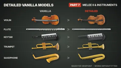 Detailed Vanilla Models - Melee II & Instruments: 63 улучшенные 3D-модели оружия и музыкальных инструментов для Project Zomboid