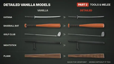 Detailed Vanilla Models - Tools & Melee: 25 улучшенных 3D-моделей оружия и инструментов для Project Zomboid